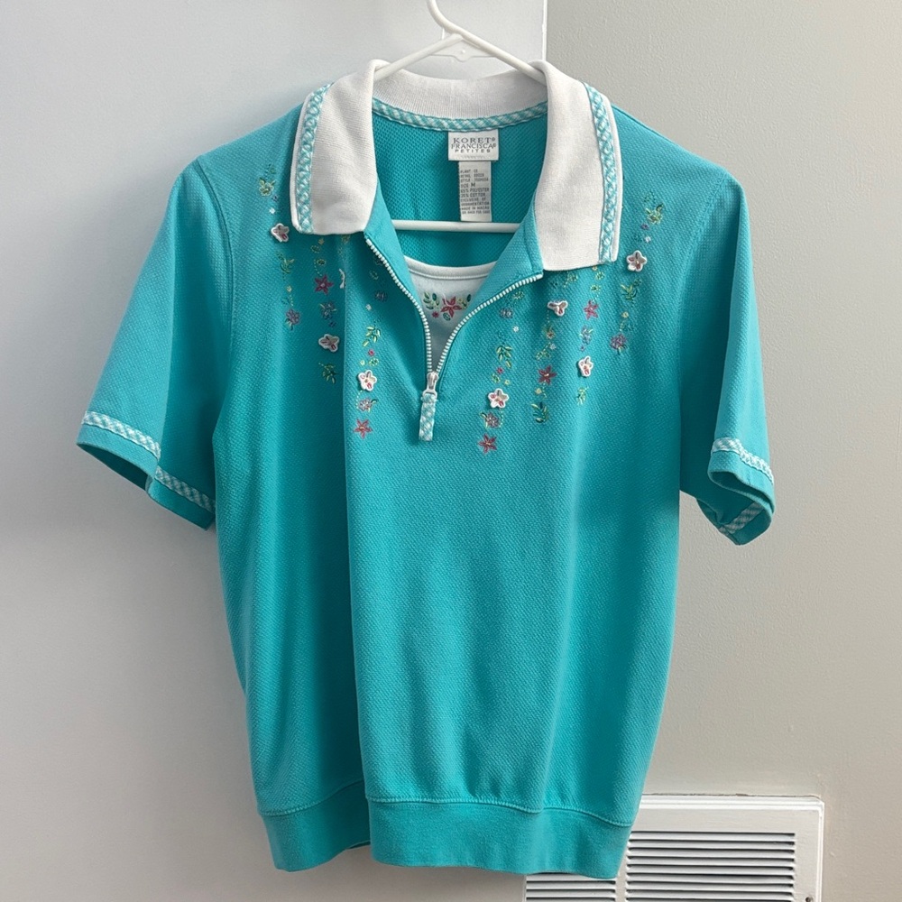 Koret Turquoise Floral Collared Zip-Up Blouse